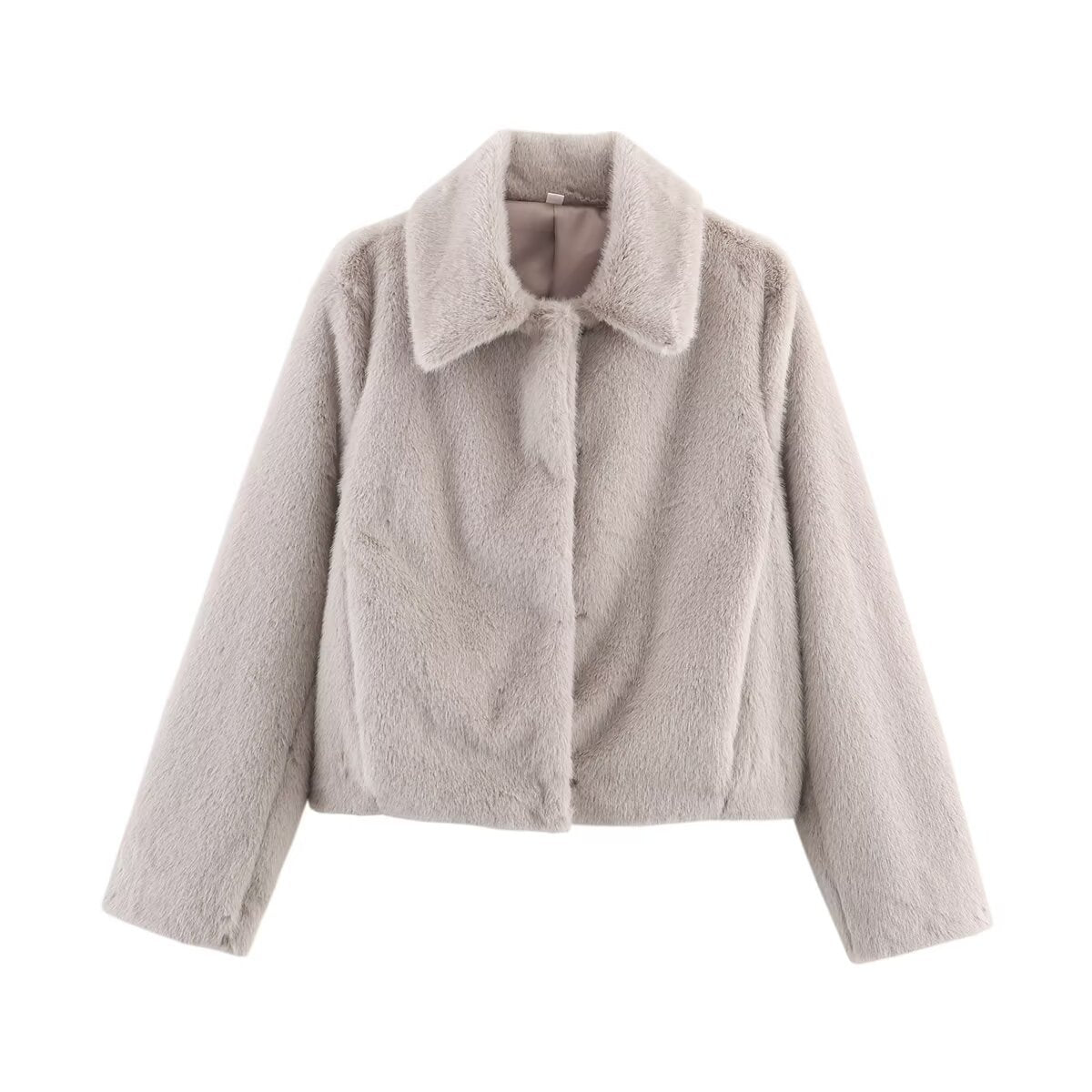 Women's Boxy Faux Fur Short Jacket with Classic Shirt Collar and Velvety Lining Chichicherry