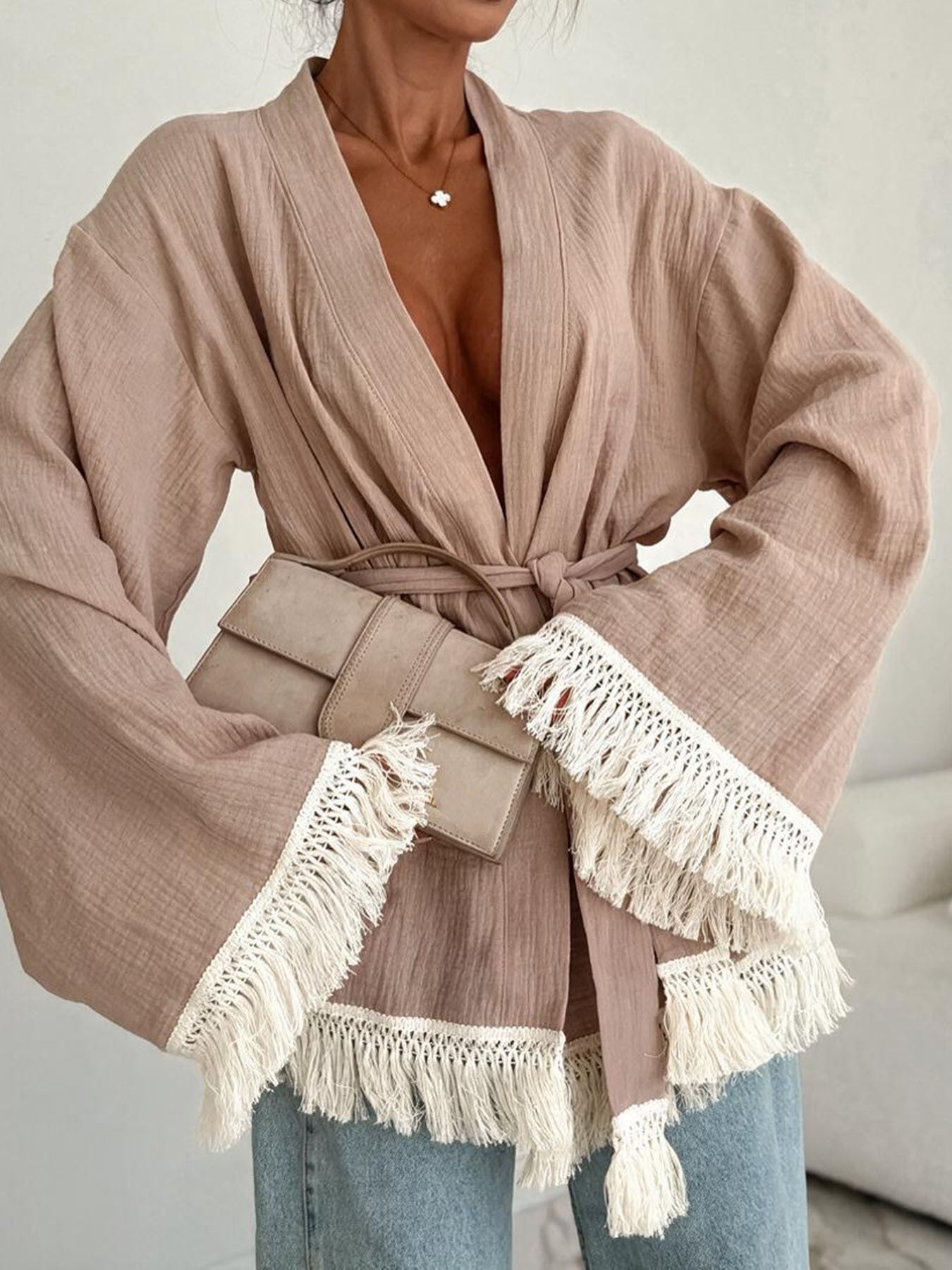 Damen Fransen-Kimono-Jacke aus Leinenoptik mit Taillengürtel Chichicherry