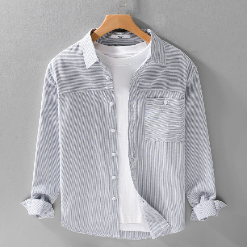 Men's Fine Pinstripe Layering Overshirt made of lightweight Cotton Blend with Patch Chest Pocket Chichicherry