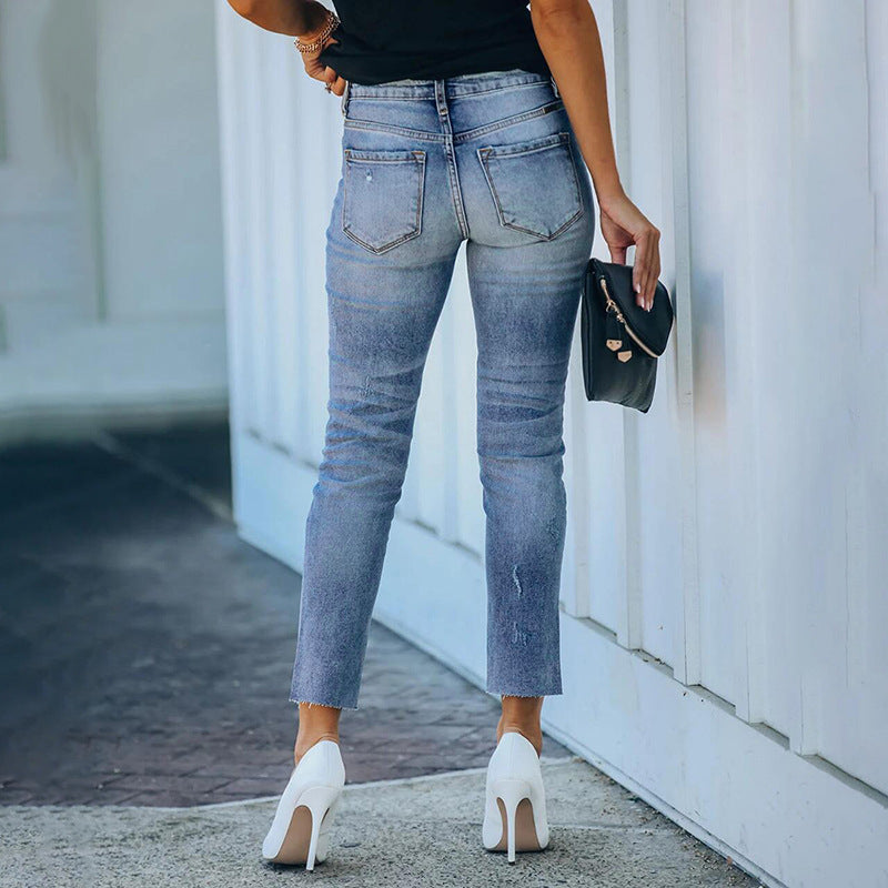 Women's Figure-Hugging High-Waisted Ankle-Length Jeans with Slightly Frayed Hem Chichicherry