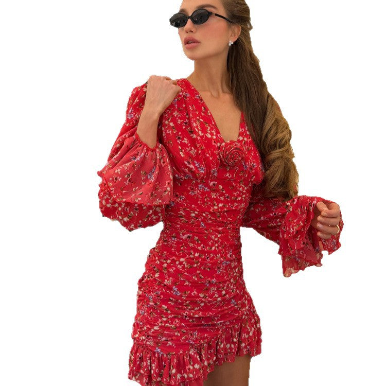 Ladies Tailored Chiffon Mini Dress with Floral Print, Gathered & Ruffle Sleeves Chichicherry