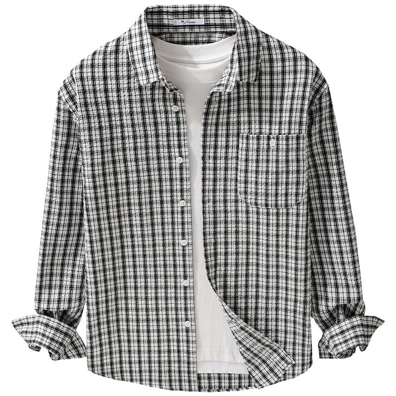 Men's Lightweight Checked Cotton Seersucker Shirt in Relaxed Fit with Chest Pocket Chichicherry