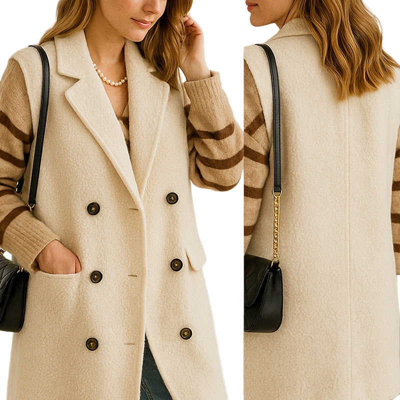 Women Long Sleeveless Boucle Vest with Double-Breasted Button Placket and Revere Collar Chichicherry