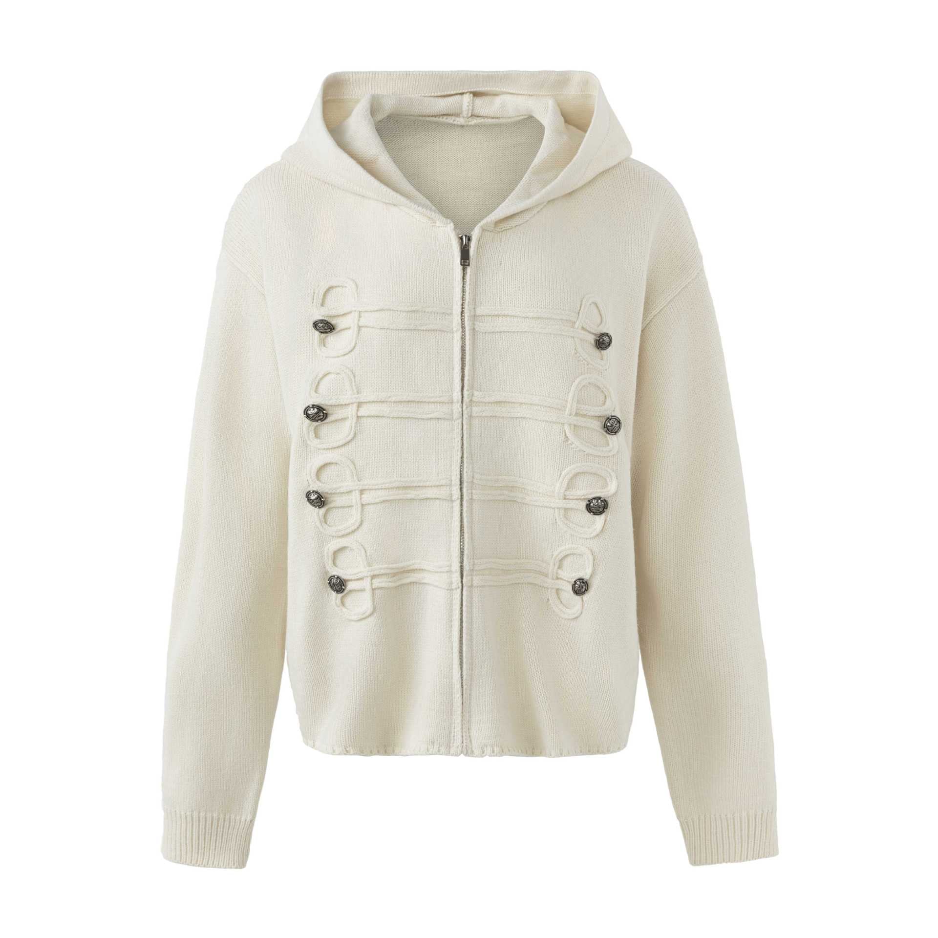 Women's Hooded Cardigan with Military Decorative Buttons and Zipper Chichicherry