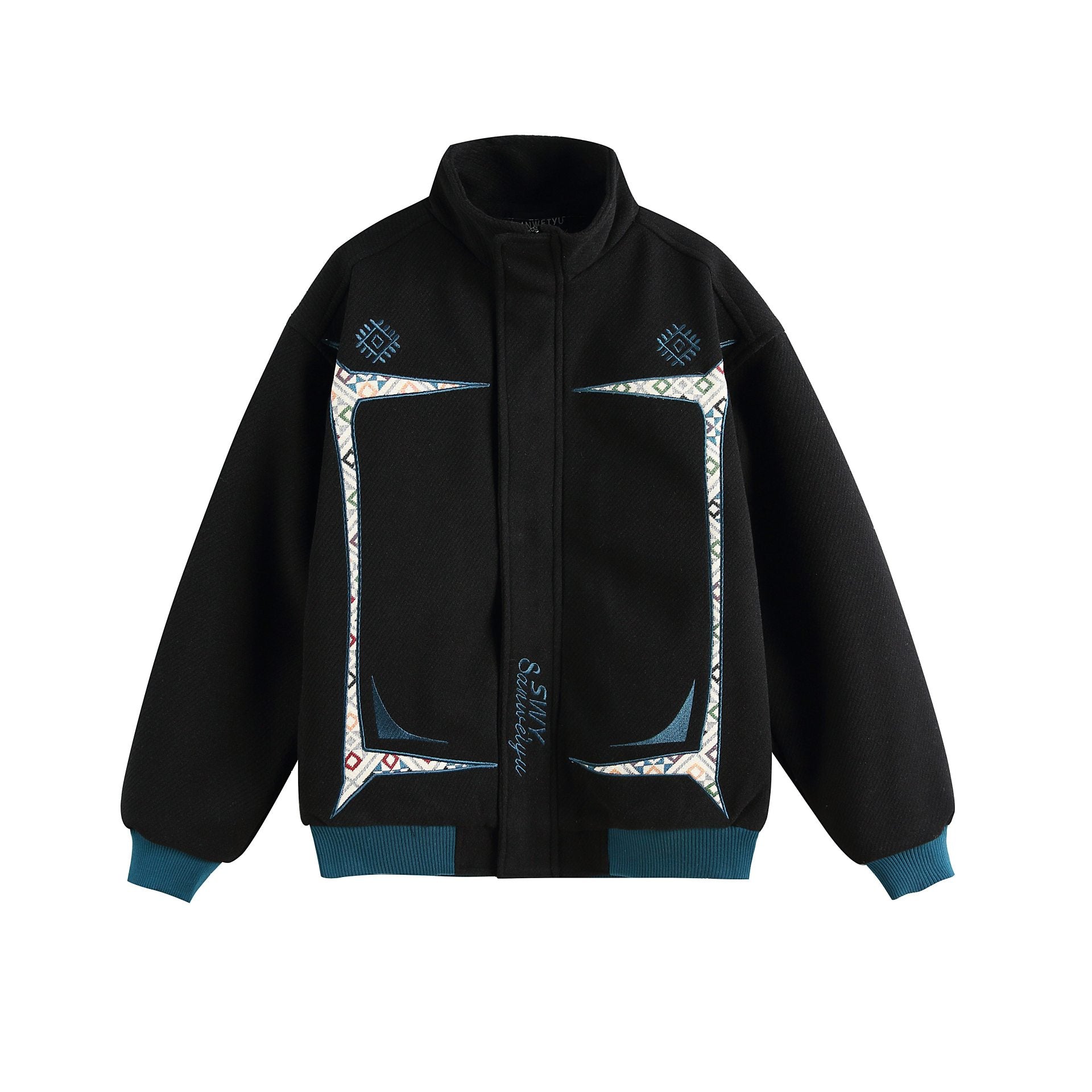 Women Lightweight Stand Collar Jacket with Folk Embroidery Appliqués and Ribbed Cuffs Chichicherry