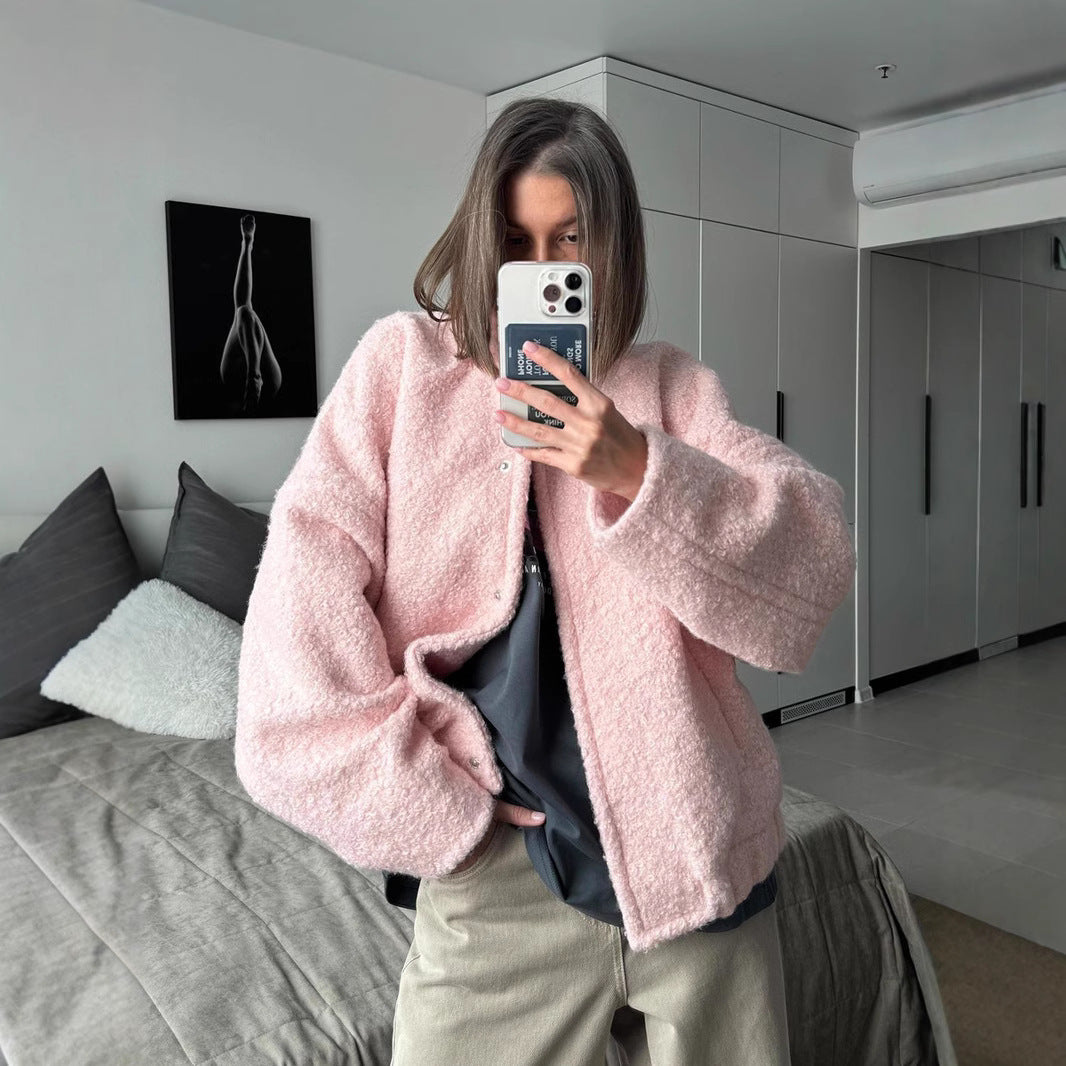 Women's teddy jacket in bouclé look with round neck, oversized fit and insert pockets Chichicherry