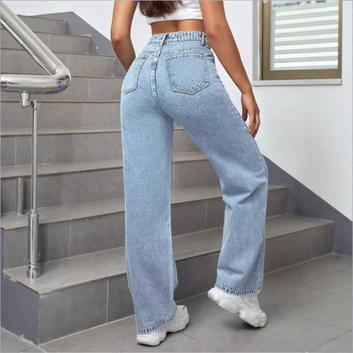 Ladies high-waisted wide denim jeans with striking print spot accents Chichicherry