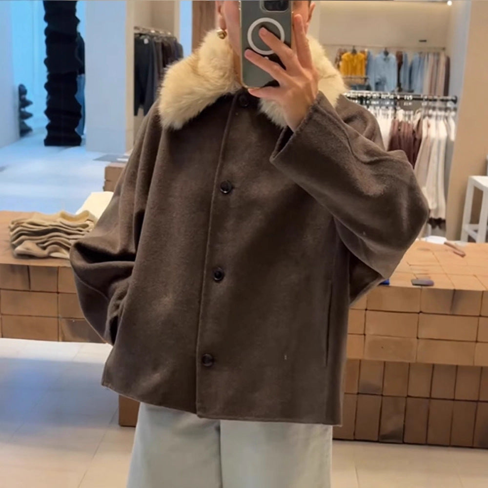 Women's Boxy-Cropped Wool Blend Jacket with Soft Faux Fur Shawl Collar Chichicherry