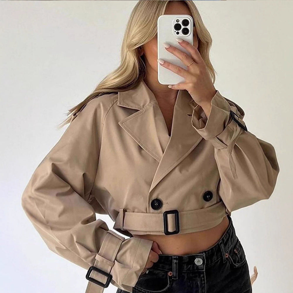 Women Short-Cut Trench-Cropped Coat with Waistbelt, Oversized Sleeves and Frayed Hem Chichicherry