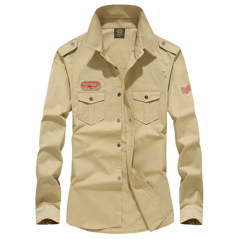 Men's Military-Utility Long Sleeve Canvas Shirt with Chest Flap Pockets and Shoulder Epaulettes Chichicherry