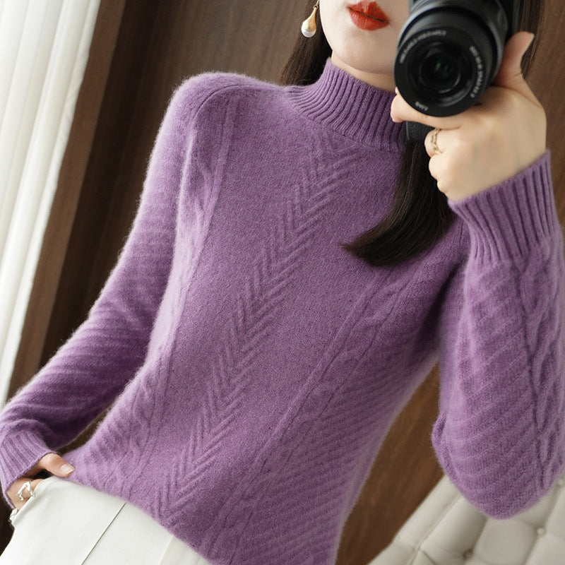 Women's Light Mohair-Look Stand Collar Sweater with Cable Lace and Tailored Silhouette Chichicherry