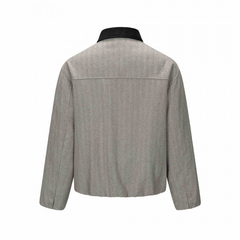 Men's short jacket in herringbone wool blend with leather collar and concealed closure Chichicherry