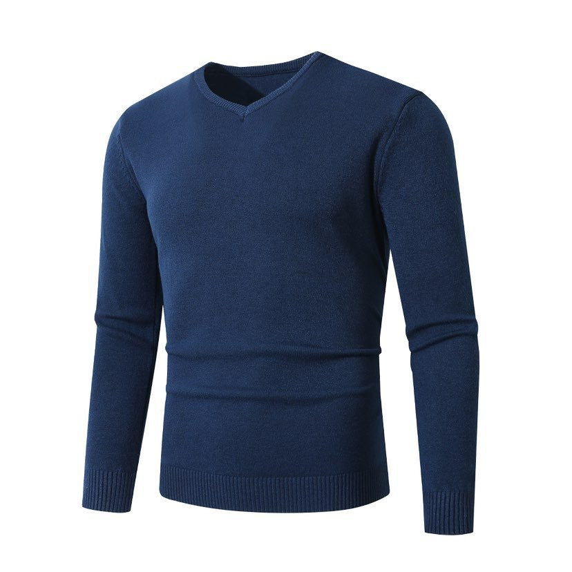 Men's Slim Fit Fine Knit V-Neck Sweater with Ribbed Cuff and Breathable Cotton Blend Chichicherry