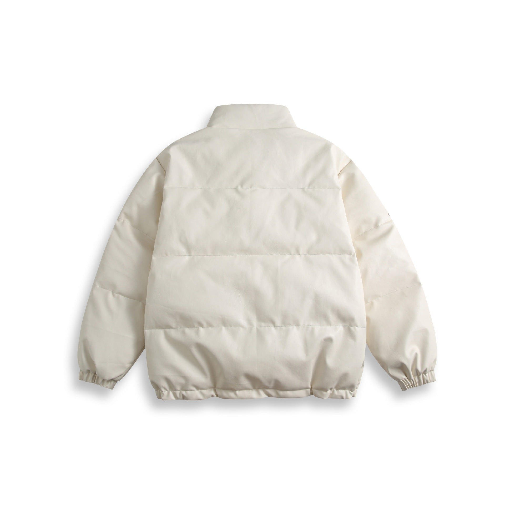 Unisex Short Cut Padded Faux Leather Puffer with High Standing Collar and Badge Details Chichicherry