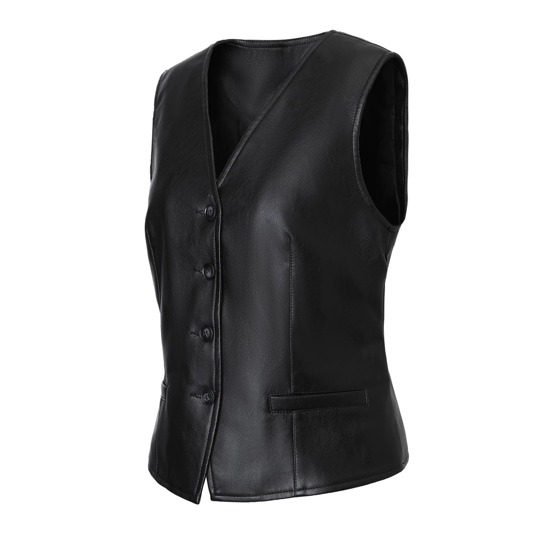 Women Tailored Leather Vest with V-Neck and Button Placket Chichicherry