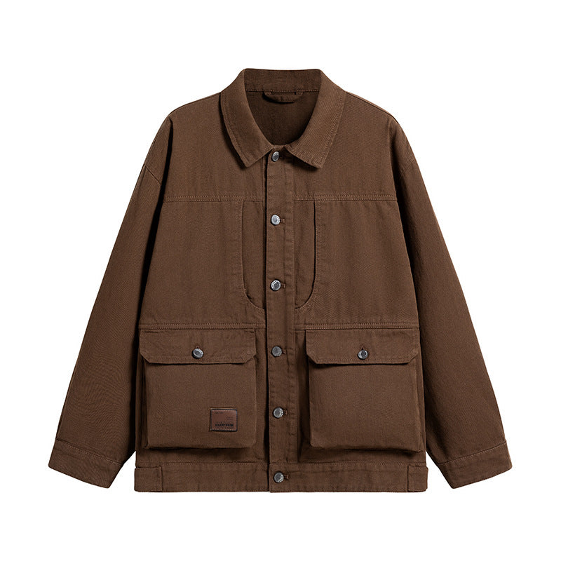 Men's Oversize Canvas Utility Jacket with Applied Multi-Functional Pockets and Snap Button Placket Chichicherry