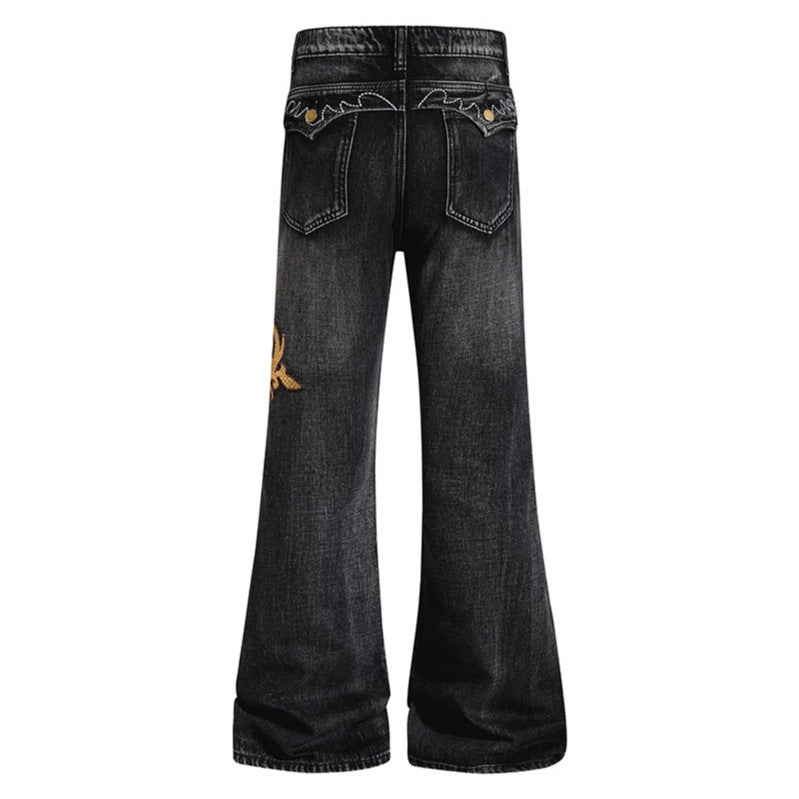 Women Wide High-Waist Flared Jeans with Baroque Embroidery Chichicherry