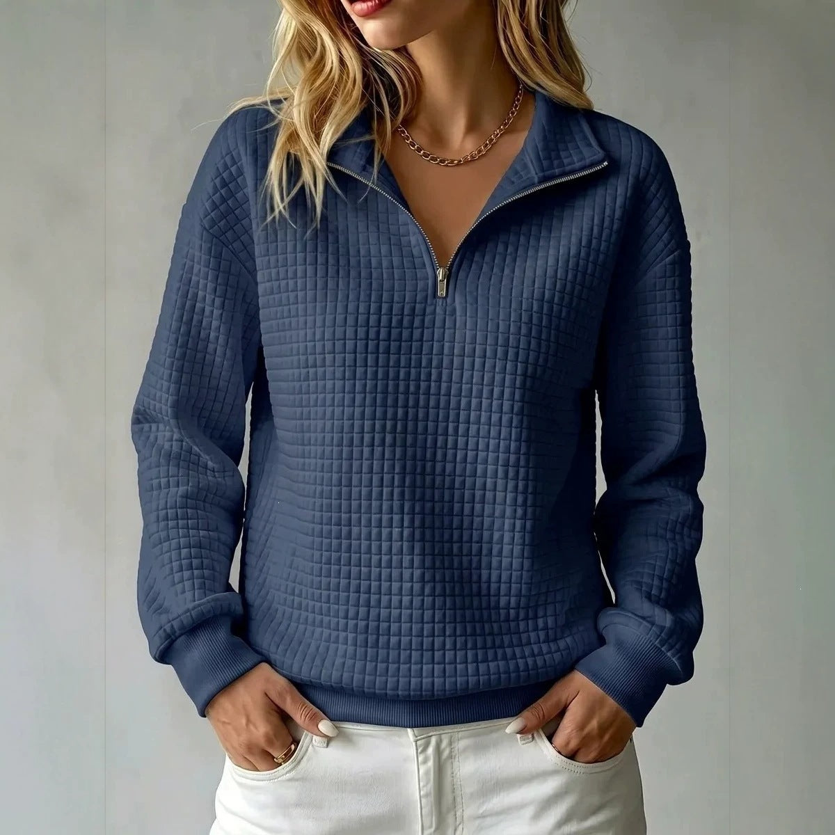 Women's Quilted Half-Zip Sweatshirt with Check Pattern and Stand-Up Collar Chichicherry
