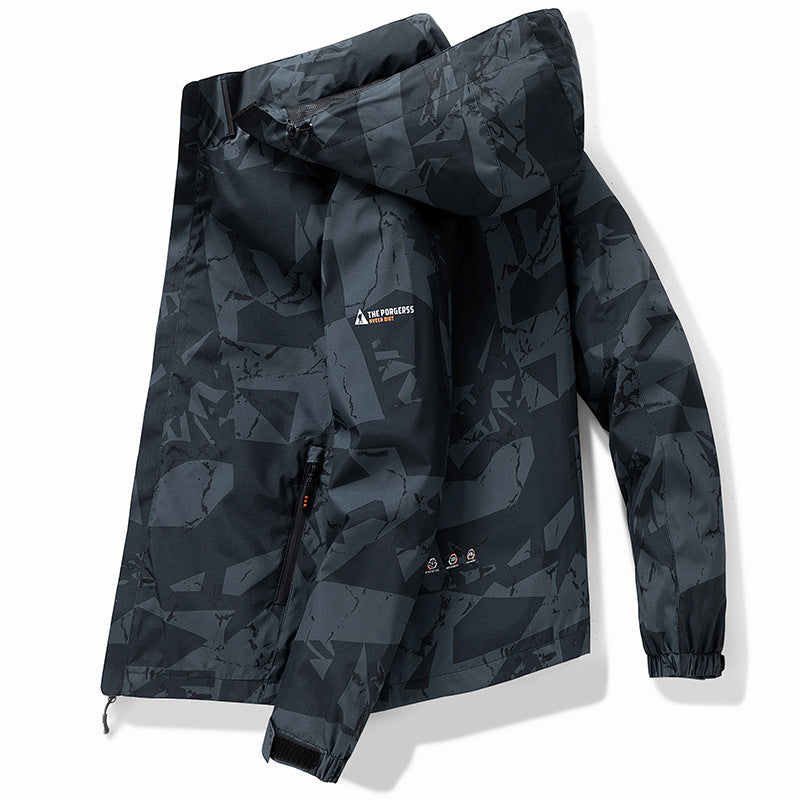 Men's technical waterproof hooded jacket with graphic camouflage print, zippered pockets, and adjustable hem Chichicherry
