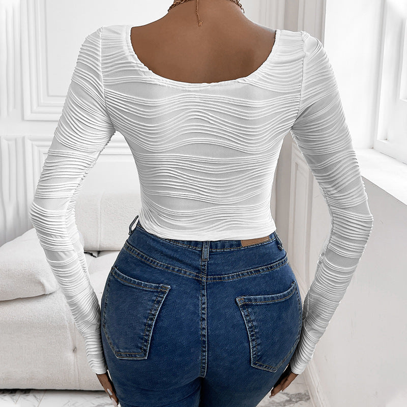 Women Fitted Structured Long Sleeve with Wavy Texture and Boat Neck Chichicherry
