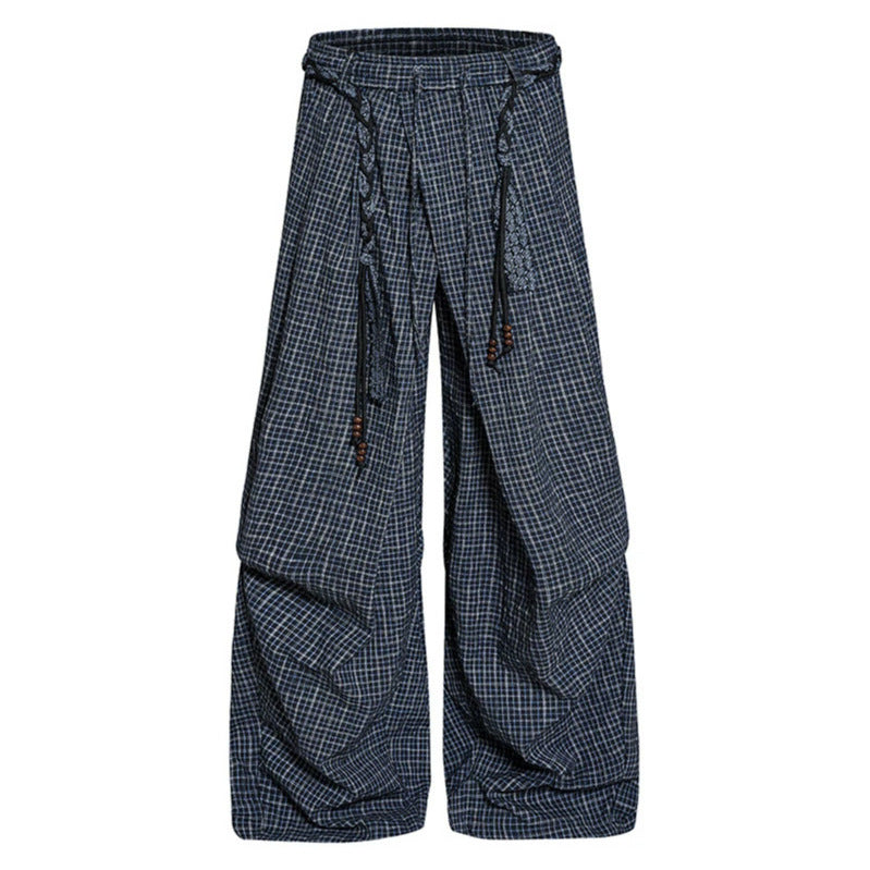 Women's wide palazzo pants with layered pleats, high waistband, and decorative cord belt Chichicherry