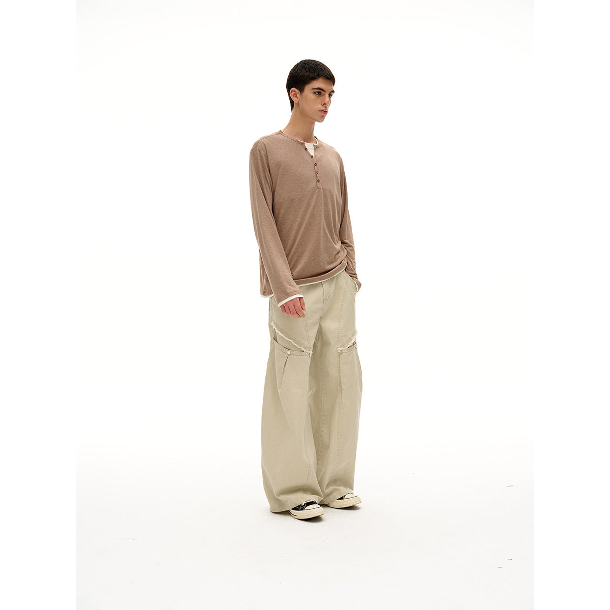 Unisex cotton blend henley shirt with double-layer collar and wooden button placket Chichicherry