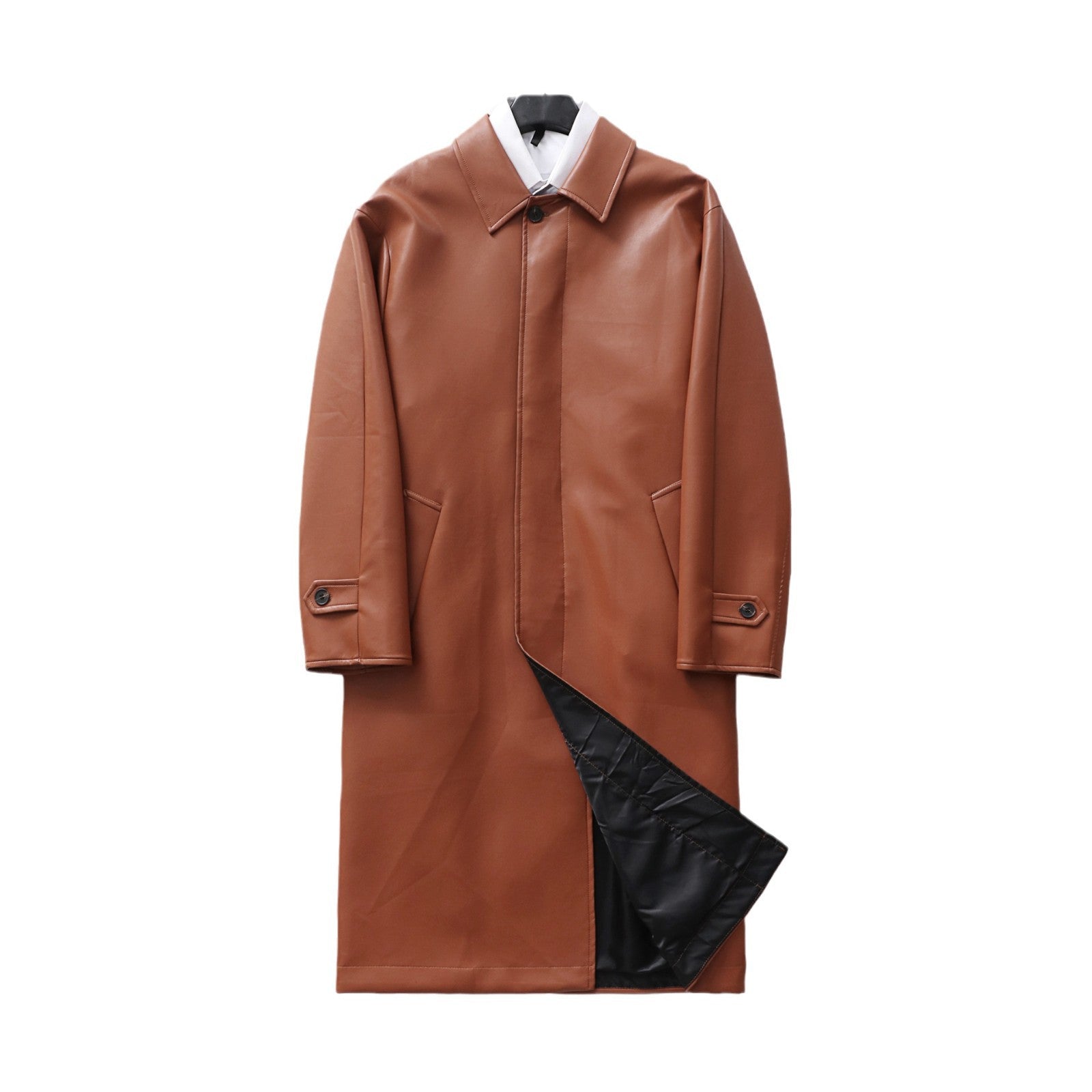 Men's longer minimalist faux leather coat with shirt collar, concealed button placket, and straight cut Chichicherry