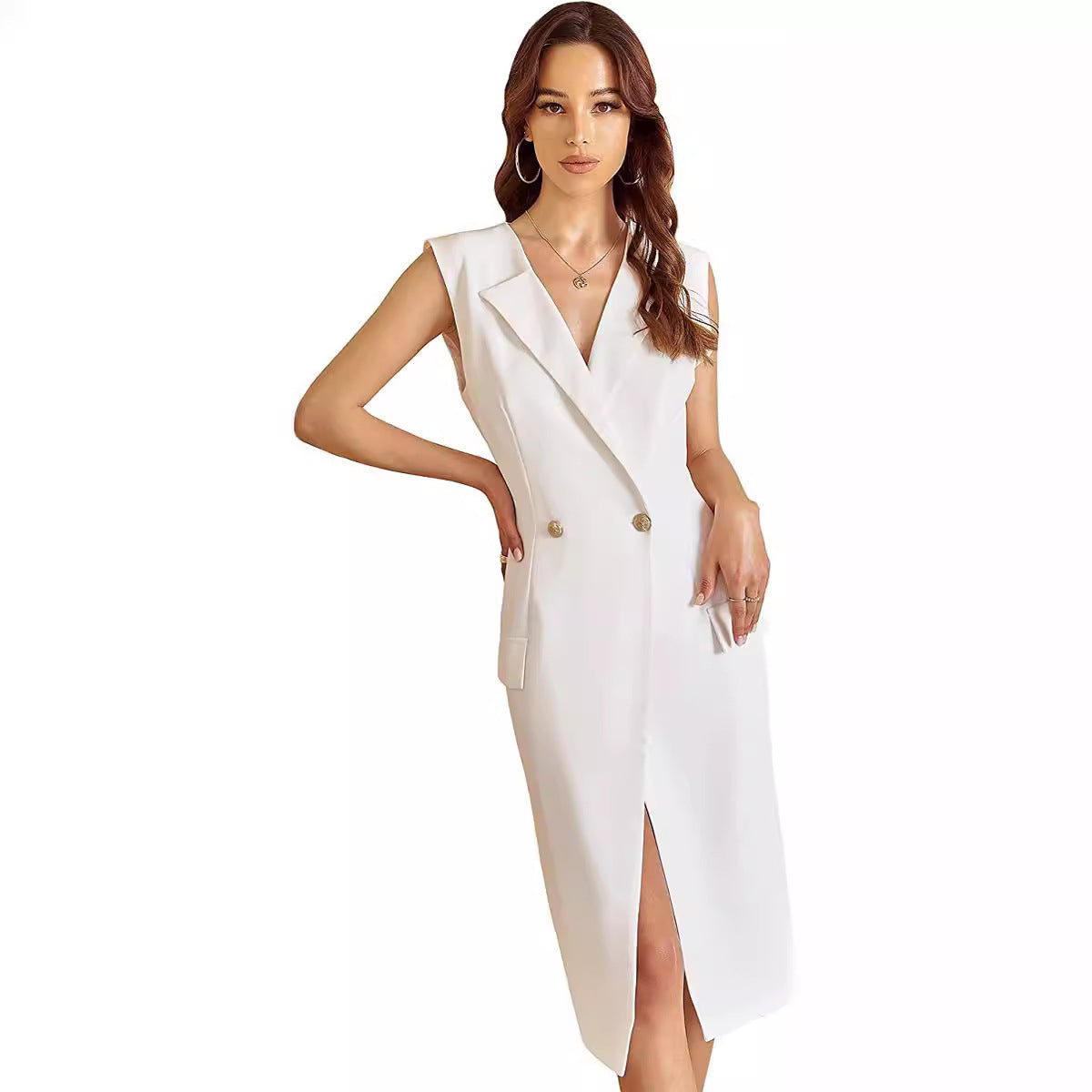 Women's sleeveless blazer dress in tailoring with deep V-neck, double-breasted and front leg slit Chichicherry
