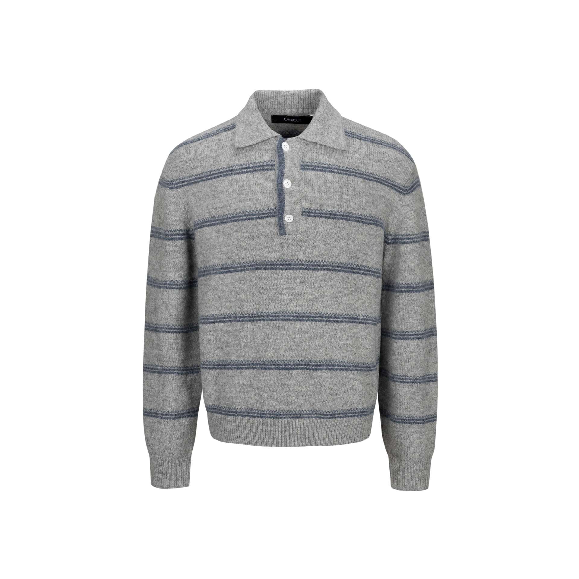 Men's Chunky Knit Polo Collar Sweater with Half Button Placket and Striped Structure Chichicherry