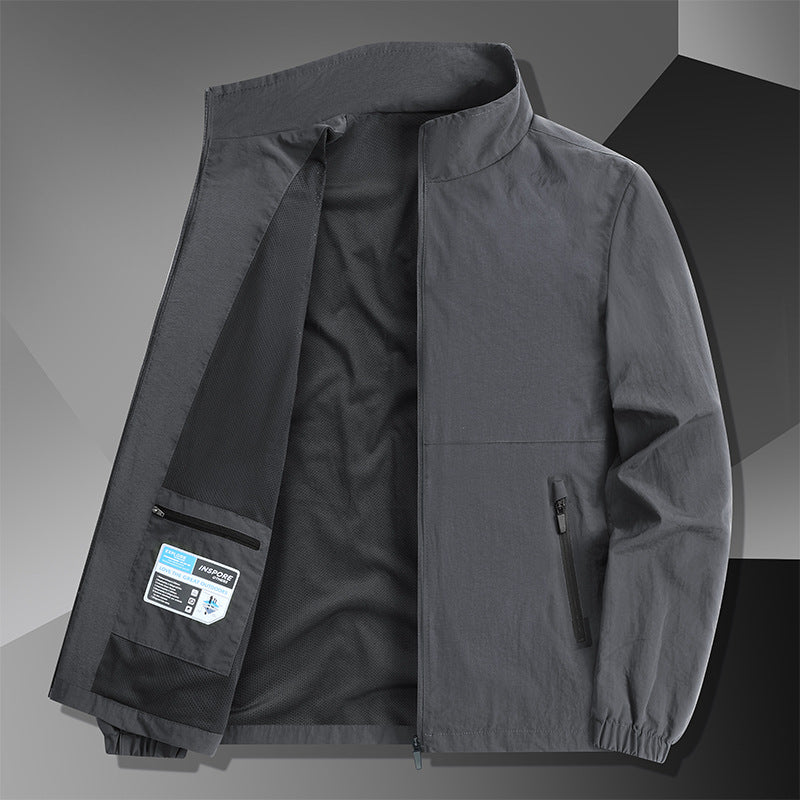 Men's Lightweight Cotton Blend Transitional Jacket with Stand-Up Collar and Concealed Zipper Chichicherry