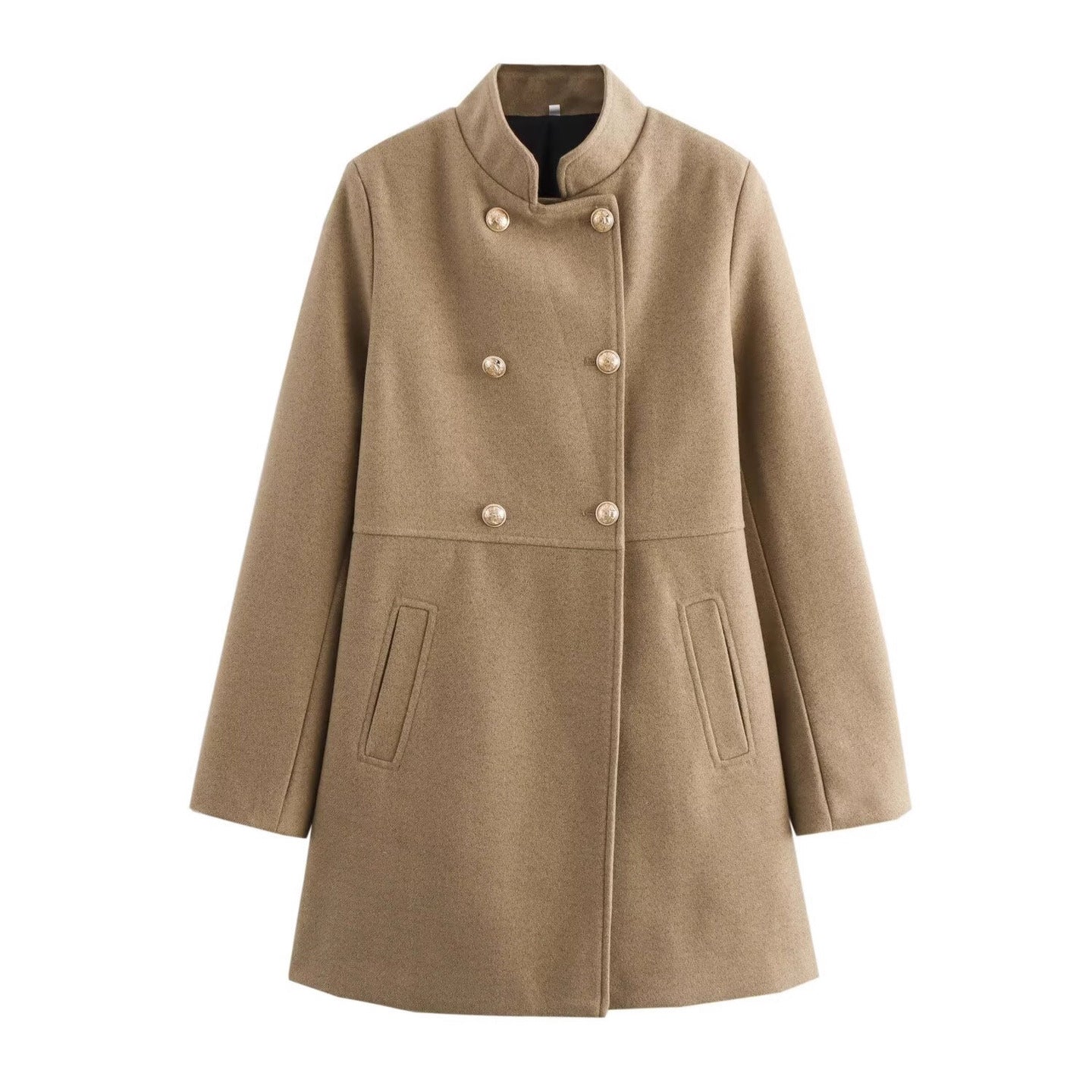 Women's Double-Breasted Wool Blend Coat with Stand Collar and Decorative Buttons Chichicherry