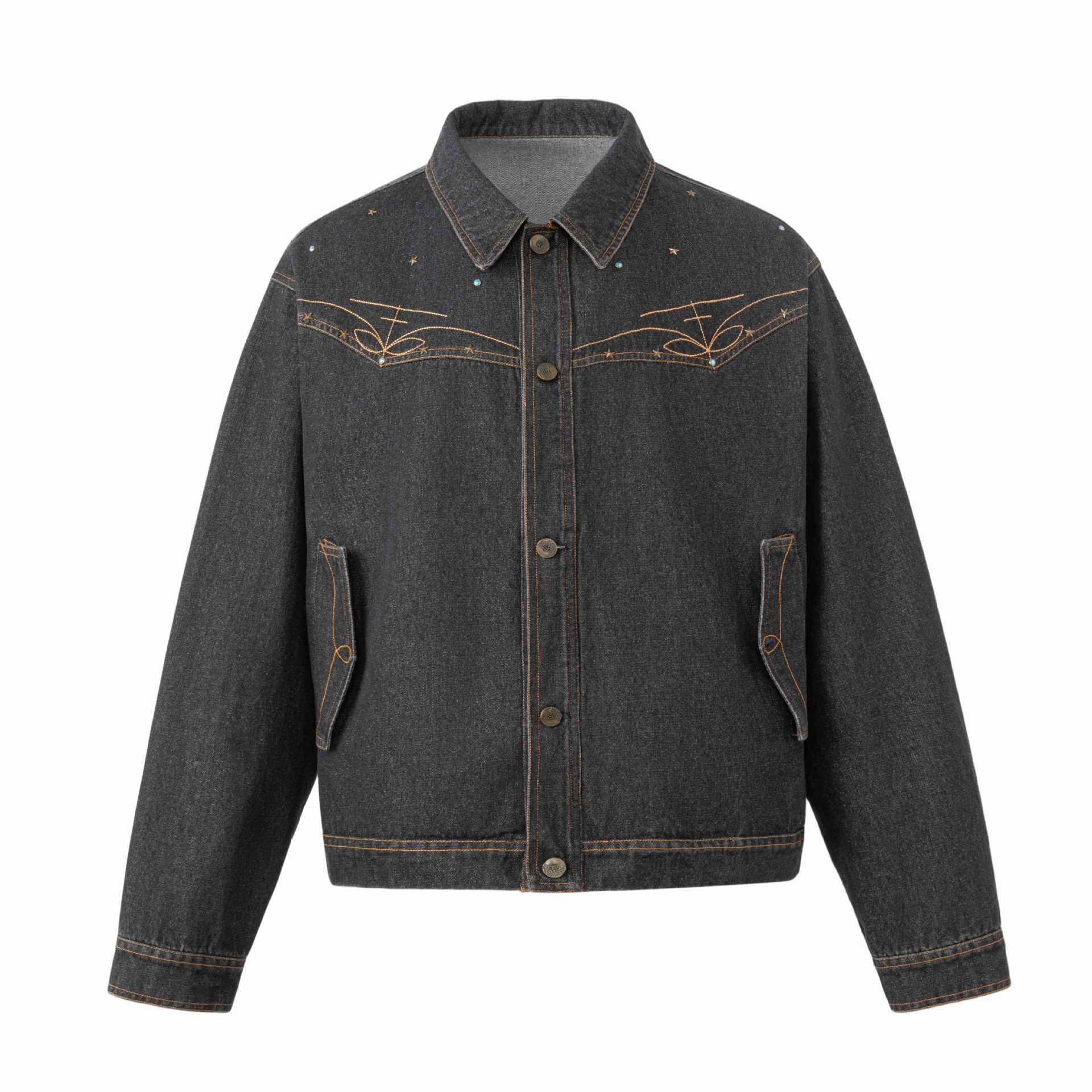 Unisex Boxy-Jeans Jacket with Star Embroidery and Decorative Studs Chichicherry