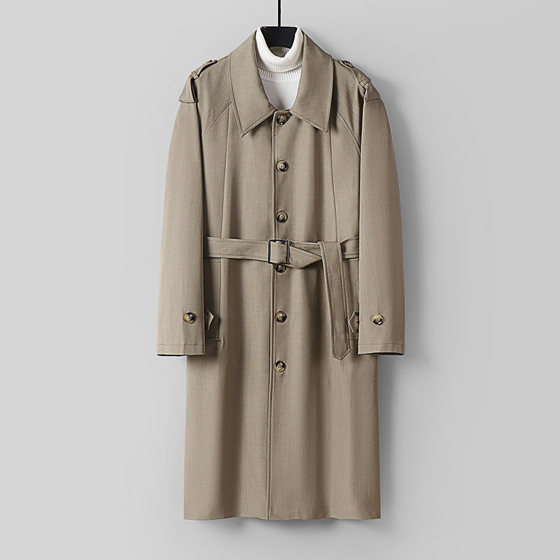 Men's Simple Twill Trench Coat with Adjustable Waist Belt and Shoulder Patches Chichicherry