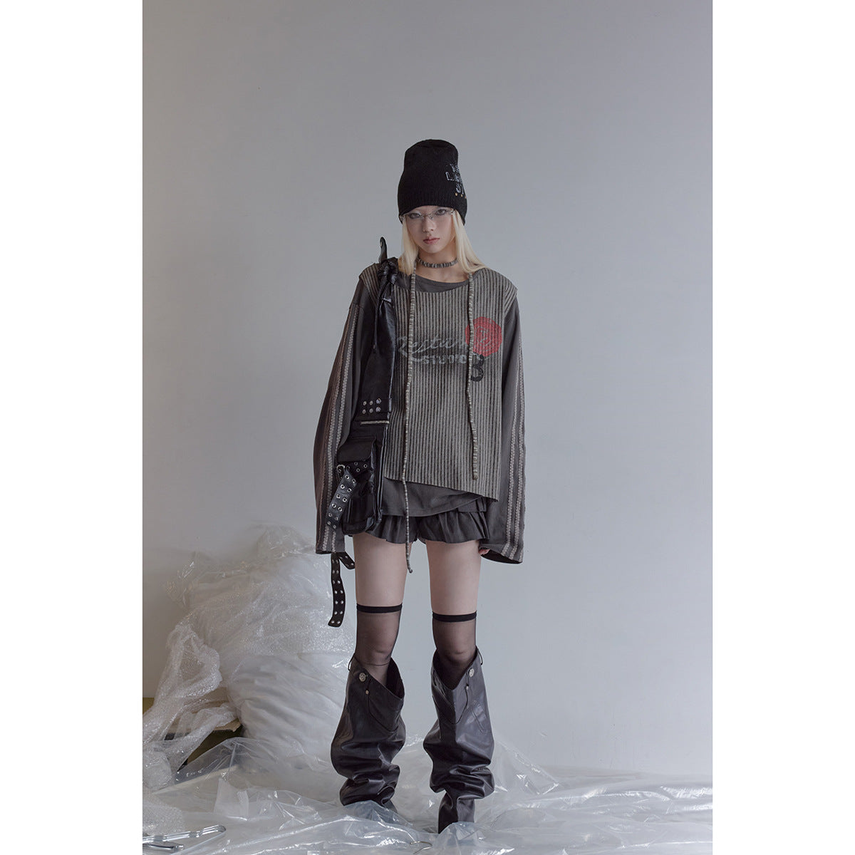 Women's Layered Long Sleeve Shirt with Striped Front Panel and Lace Band Chichicherry