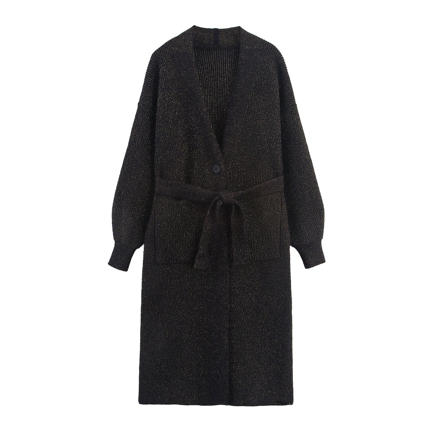 Women's Long Cardigan with Tie Belt, Patch Pockets and Deep V-Neck Chichicherry