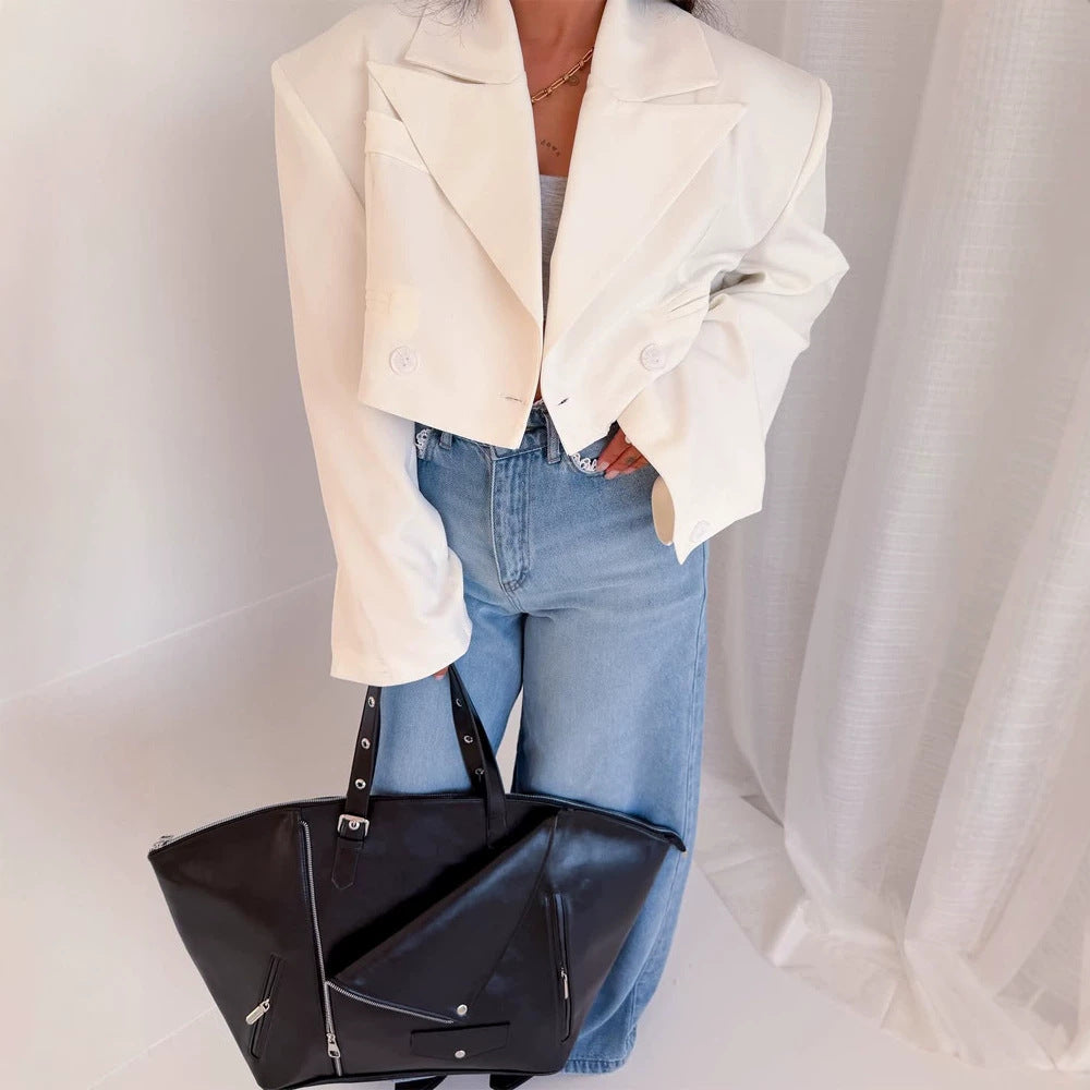 Women Cropped Boxy Short Blazer with Boxy Silhouette and Extra Long Sleeves Chichicherry