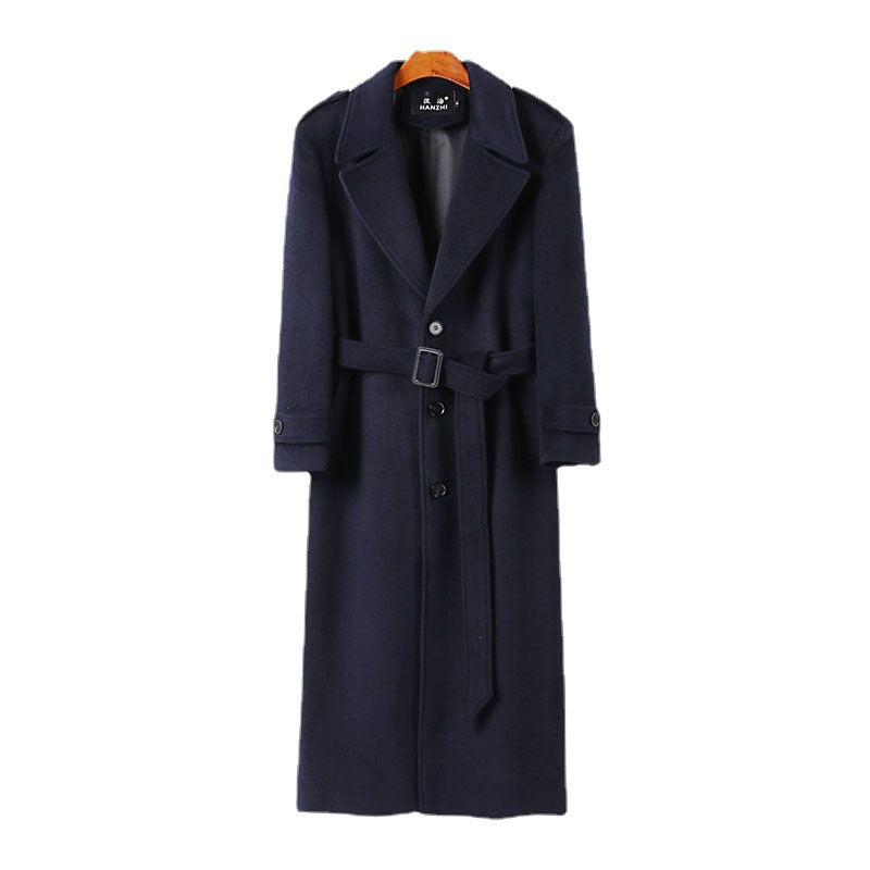 Men's Floor-Length Single-Breasted Wool Blend Coat with Distinctive Lapels and Shoulder Straps Chichicherry