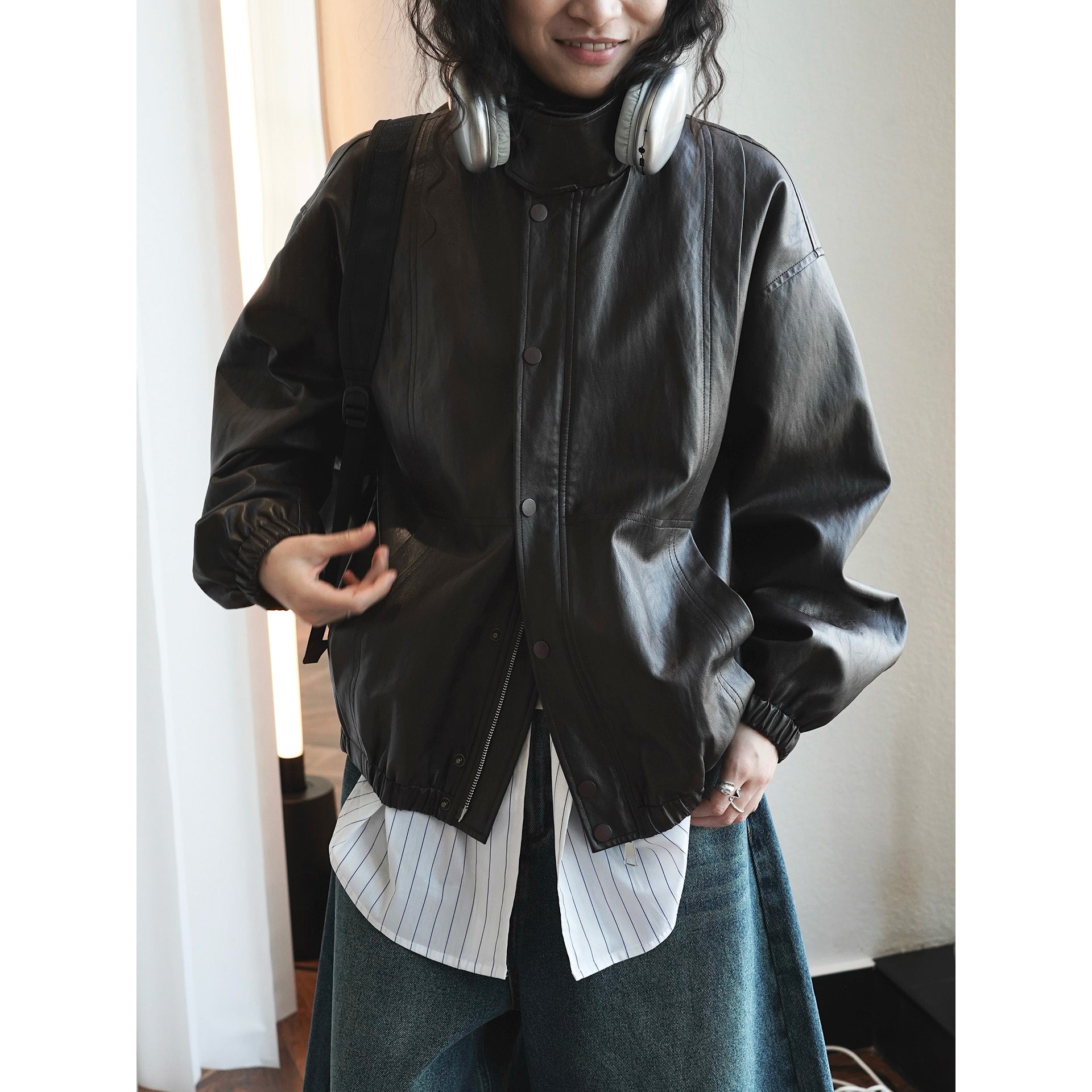 Women's Oversized Faux Leather Bomber Jacket with Stand-up Collar and Elastic Hem Chichicherry