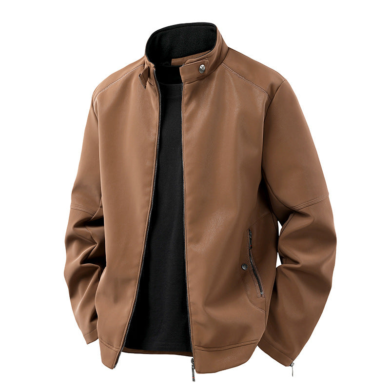 Men's Casual Leather-Look Blouson with Stand-Up Collar and Concealed Zipper Chichicherry