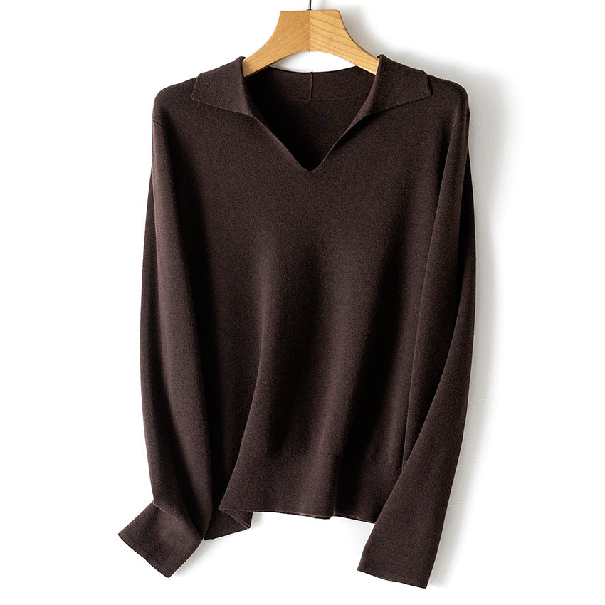 Women's fine knit pullover with V-neck and shirt collar Chichicherry