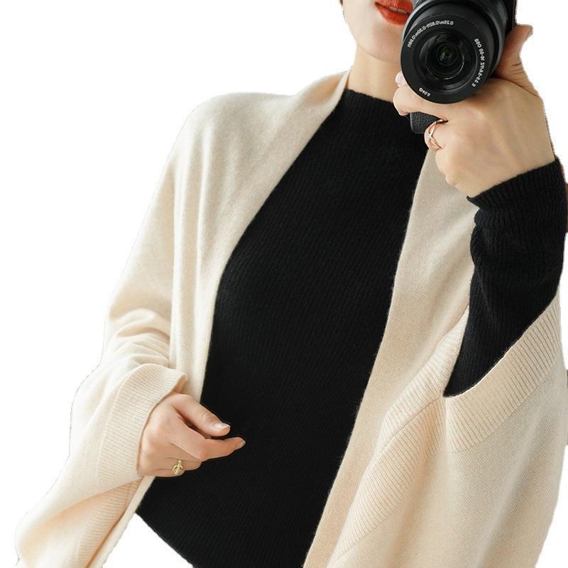 Women Longer Open Cashmere-Look Knit Wrap with Drop Shoulder Chichicherry