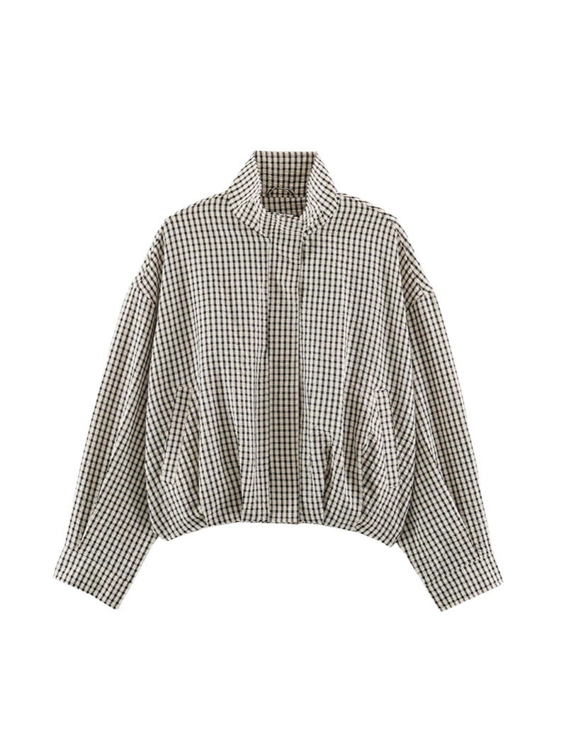 Women Oversize Checkered Blouson Jacket with Stand-up Collar Chichicherry