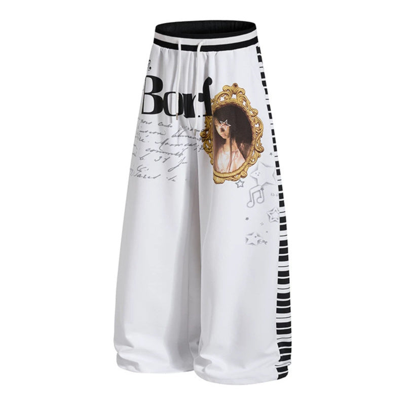 Ladies Extra Wide Palazzo Lounge Pants with Elastic Comfort Waistband, Drawstring and Large Vintage Motif Chichicherry