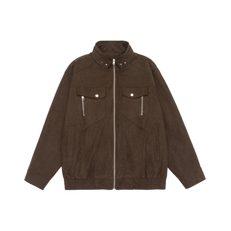 Men's short jacket made of teddy fleece with stand-up collar, patched chest pockets, and full-length zipper Chichicherry