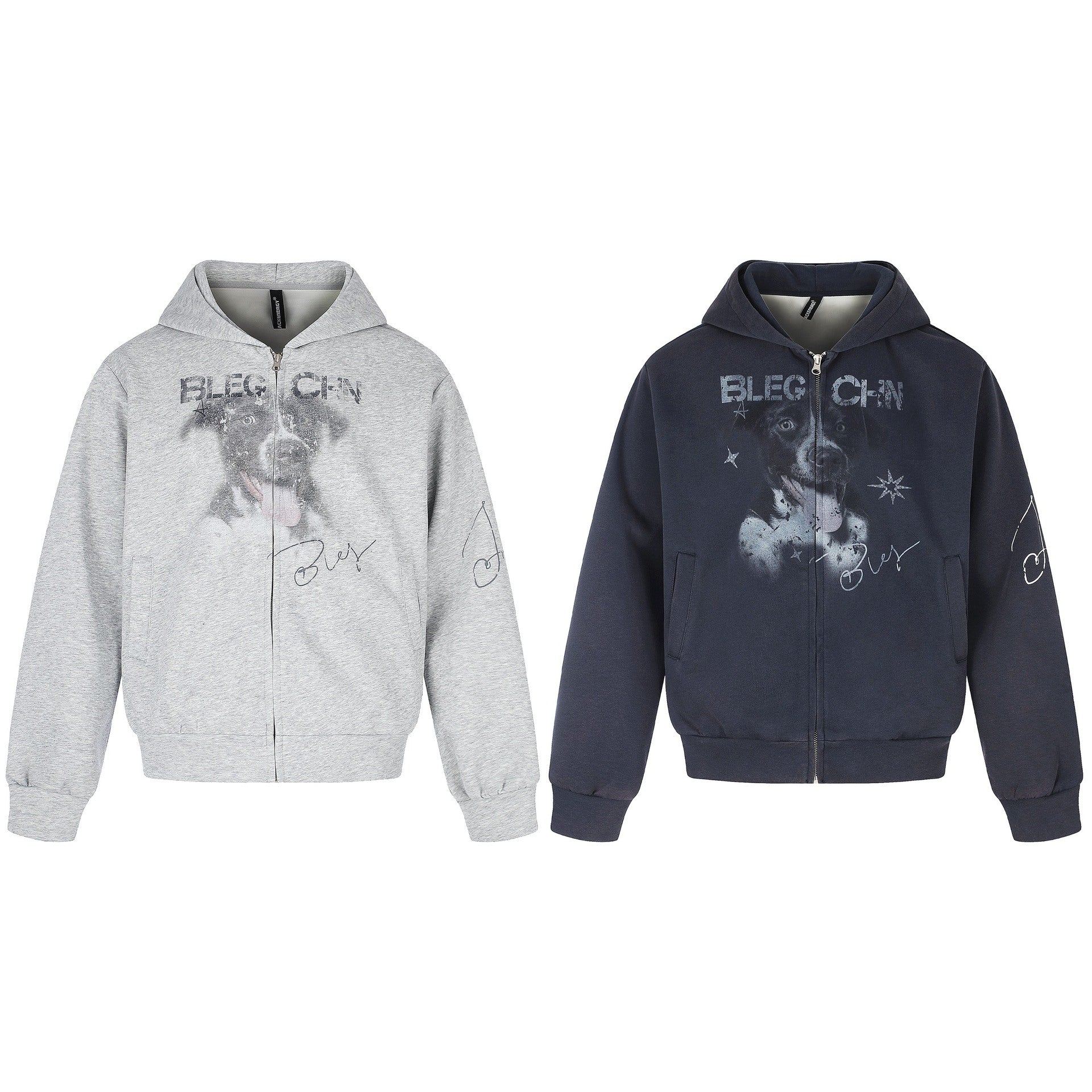 Unisex Short Cut Hooded Zip Jacket with Graphic Dog Print and Ribbed Hem Chichicherry