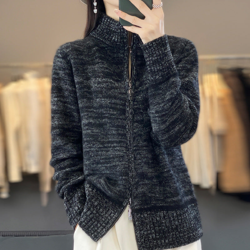 Women’s zippered cardigan with mottled texture and stand-up collar Chichicherry