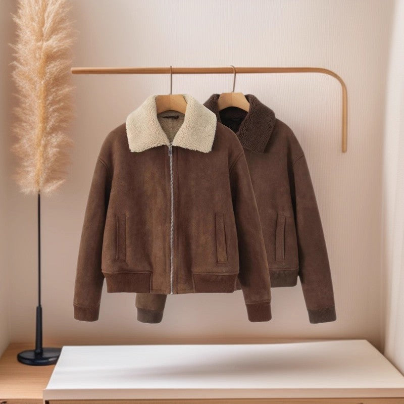 Women's Short Cut Teddy-Lined Suede Look Flight Jacket with Zipper Chichicherry