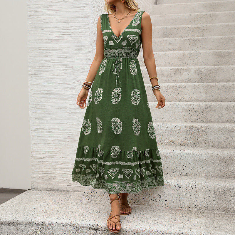 Women's maxi dress with V-neck, tailored tie belt and tiered flounce hem Chichicherry