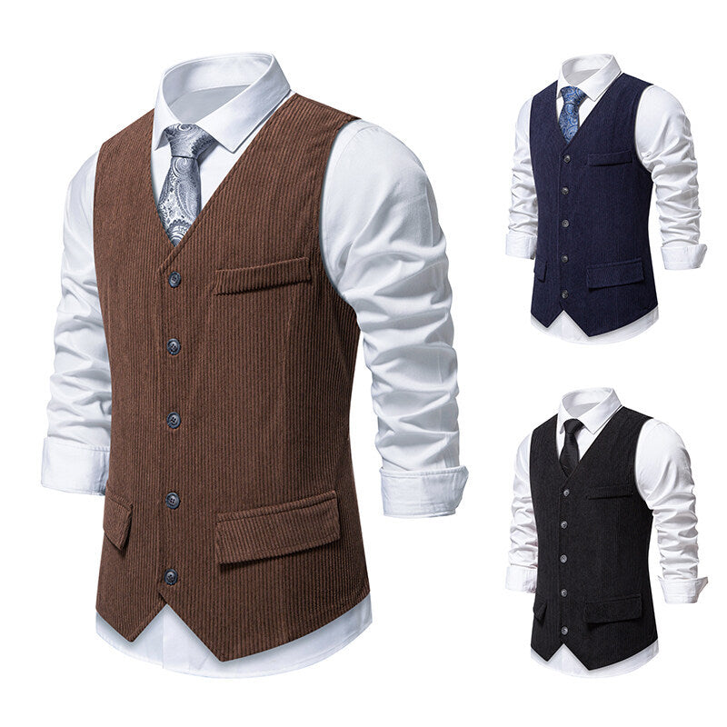 Men's Tailored Business Waistcoat made of Structured Fabric with V-Neck and Decorative Buttons Chichicherry
