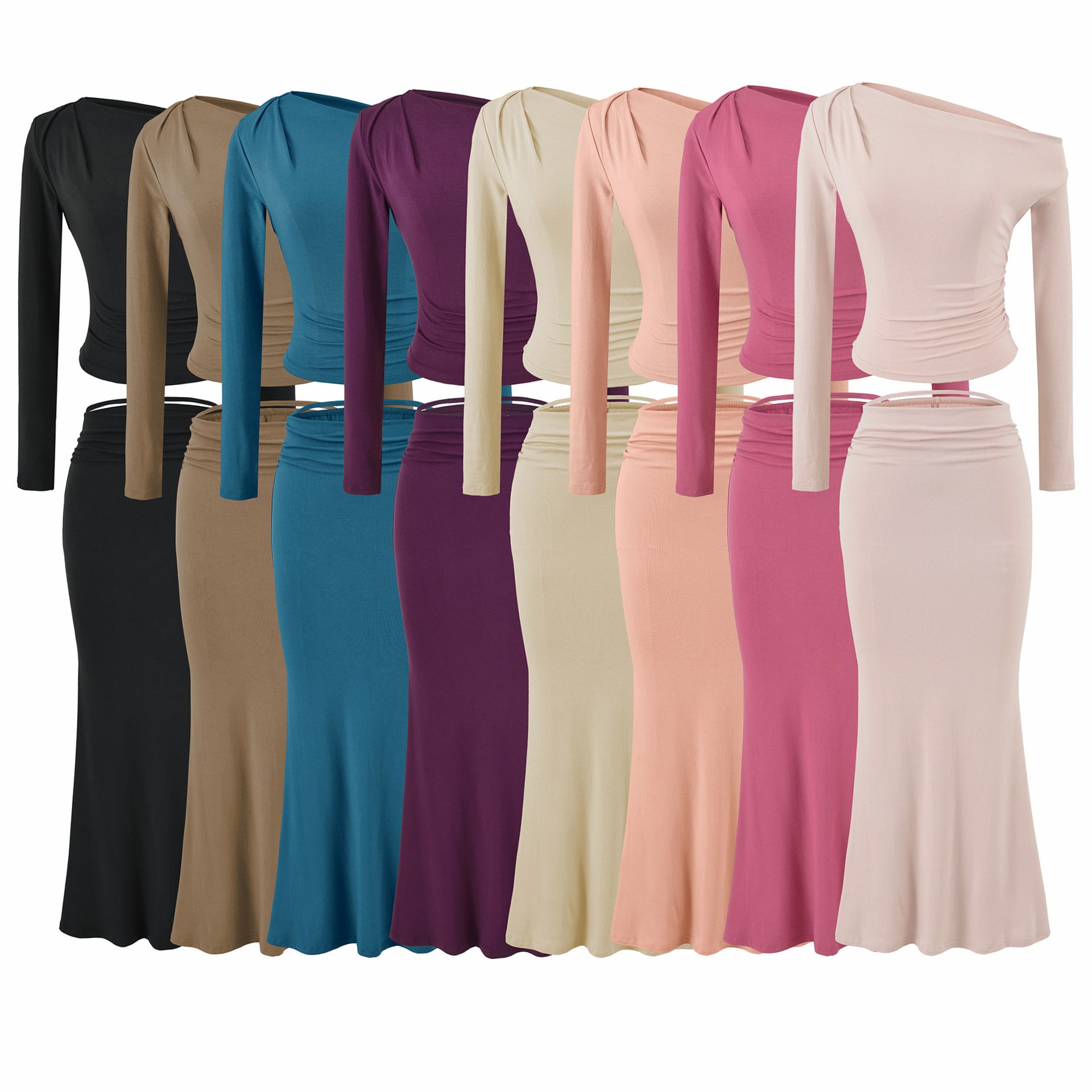 Women's One-Shoulder Two-Piece Set with Ruched Crop Top and Fitted Maxi Skirt Chichicherry